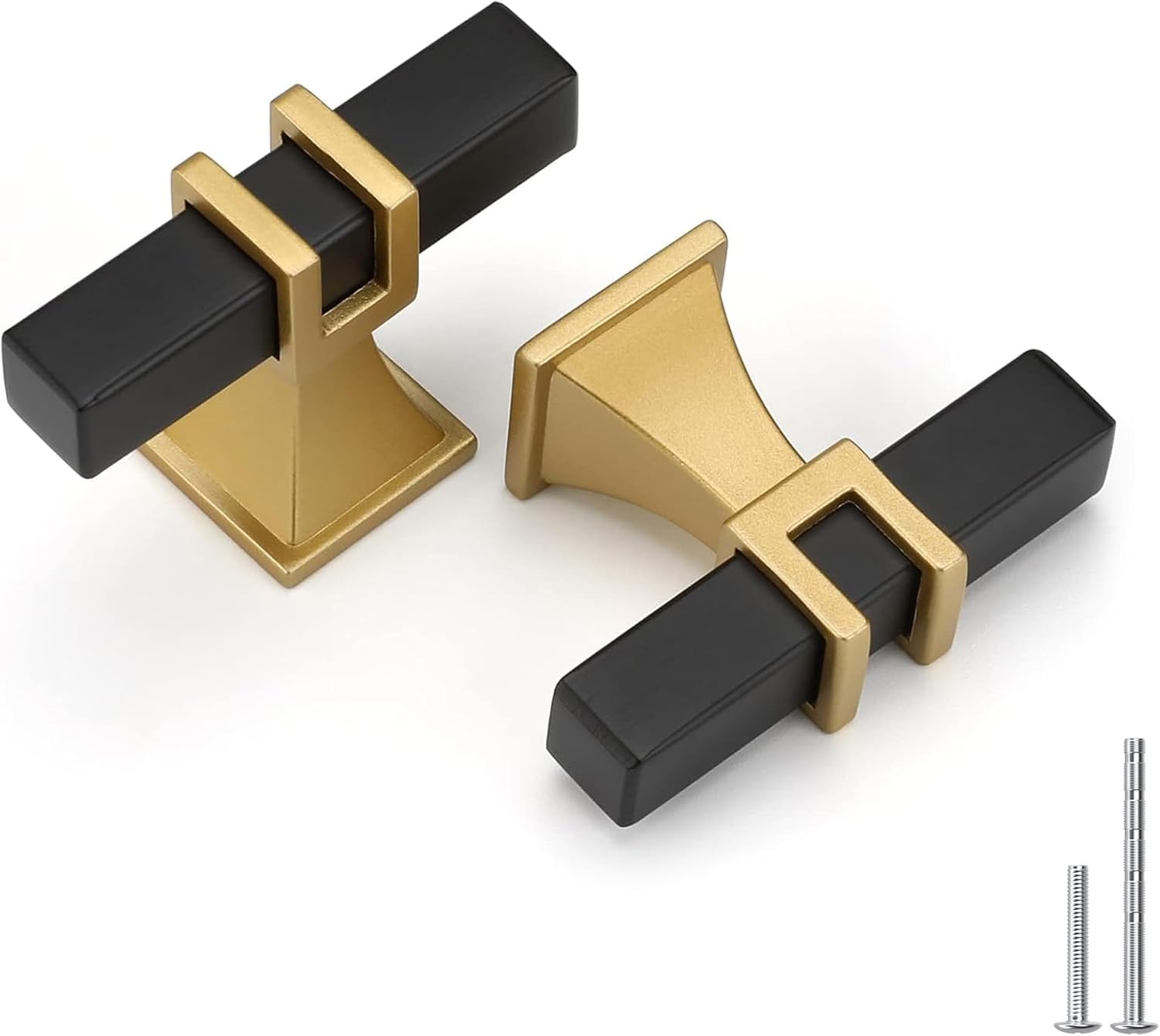 10 Black and Gold T-Bar Cabinet Knobs, Zinc Alloy, with Screws