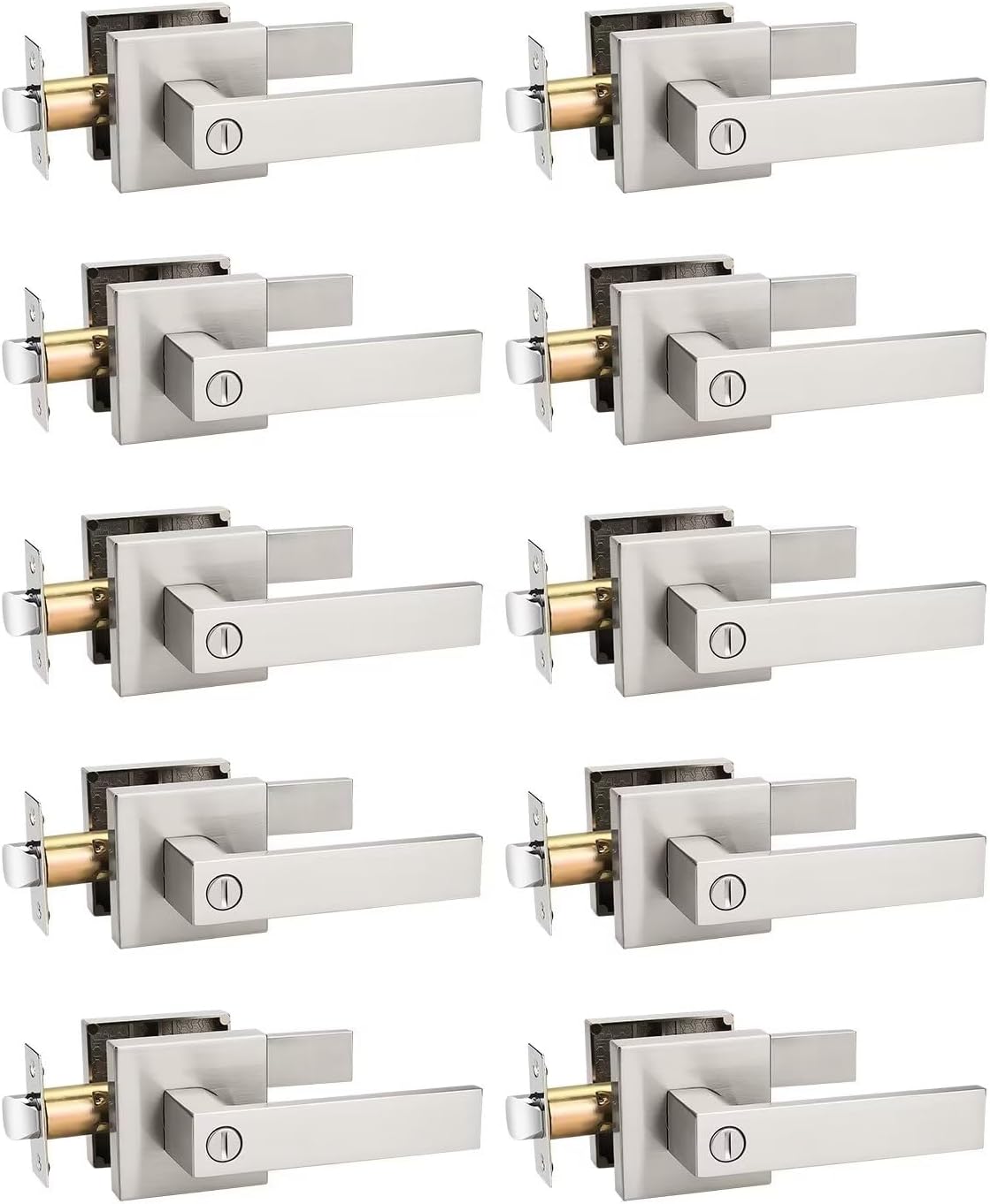 10-Pack Square Privacy Door Levers, Brushed Nickel Finish