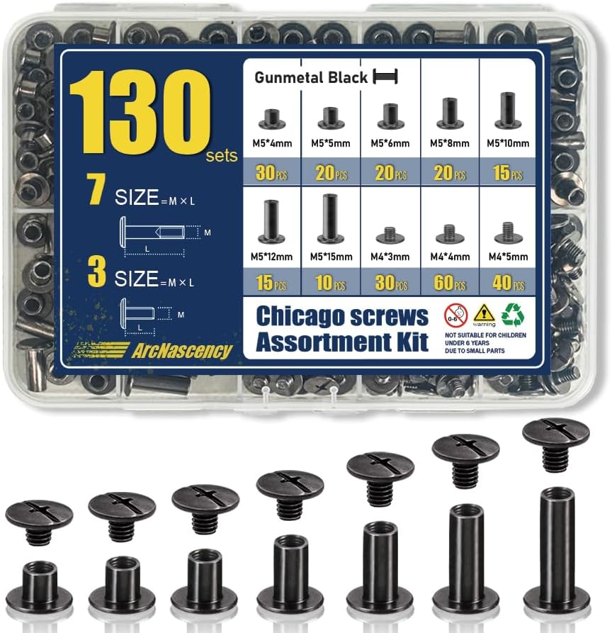 130 Sets Gunmetal Black Chicago Screws, 7 Sizes for Leathercraft — view 2