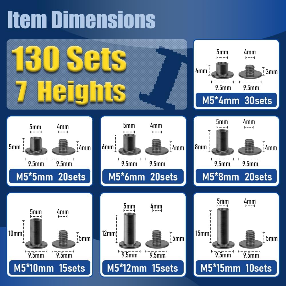 130 Sets Gunmetal Black Chicago Screws, 7 Sizes for Leathercraft