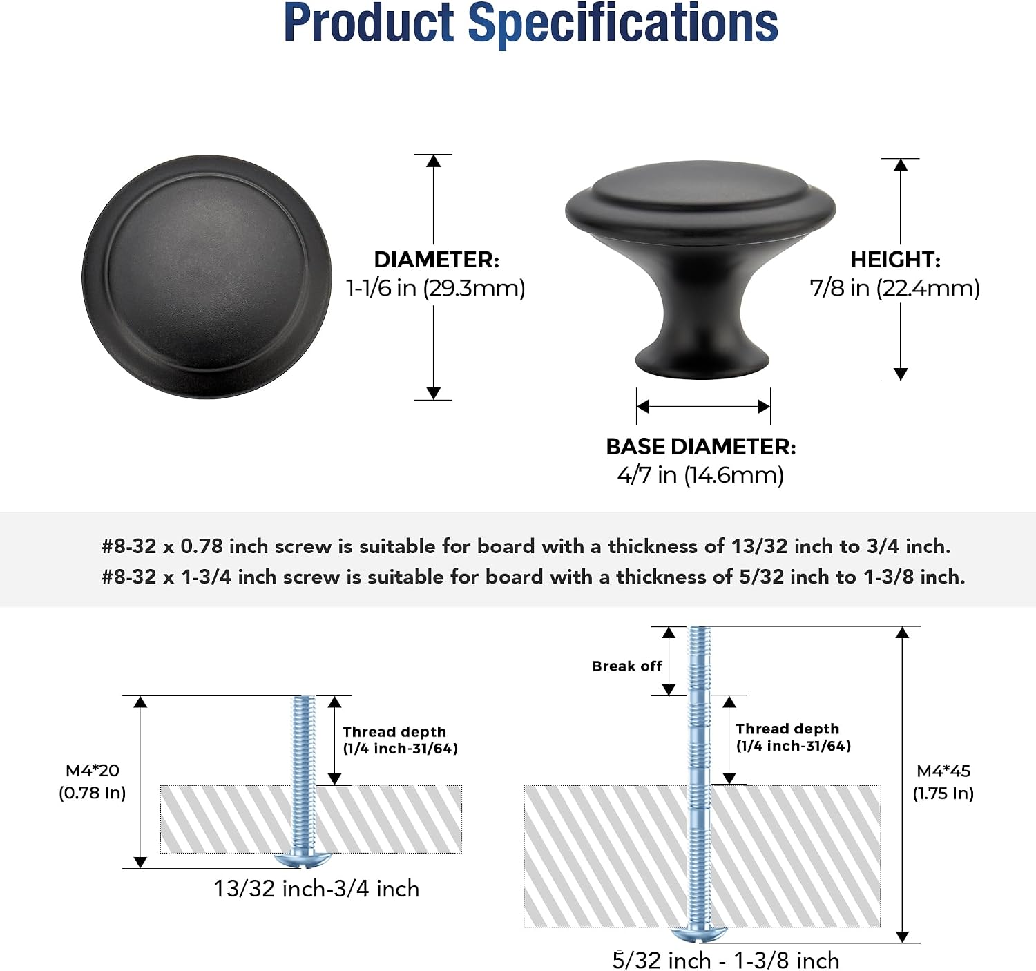 18 Matte Black Round Cabinet Knobs, Stainless Steel with Screws — view 3