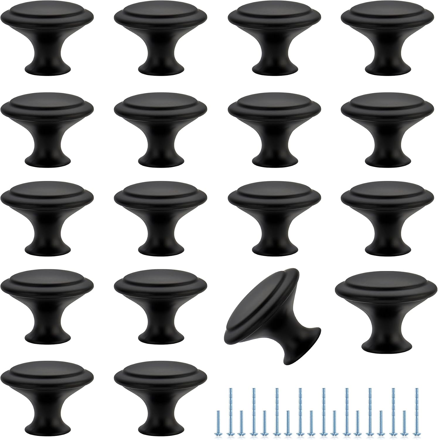 18 Matte Black Round Cabinet Knobs, Stainless Steel with Screws