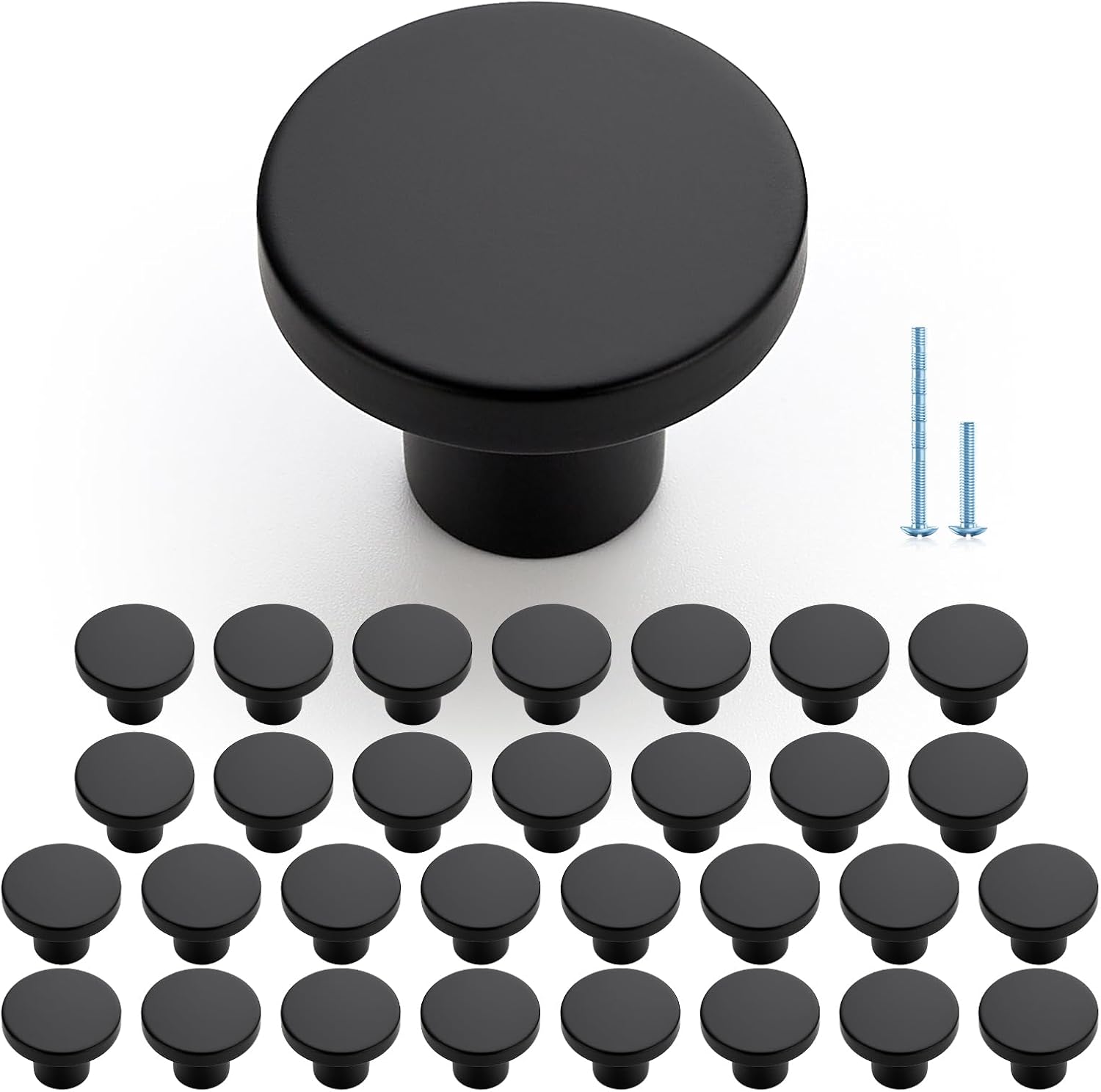 30 Round Matte Black Cabinet Knobs, 30mm Diameter, with Screws