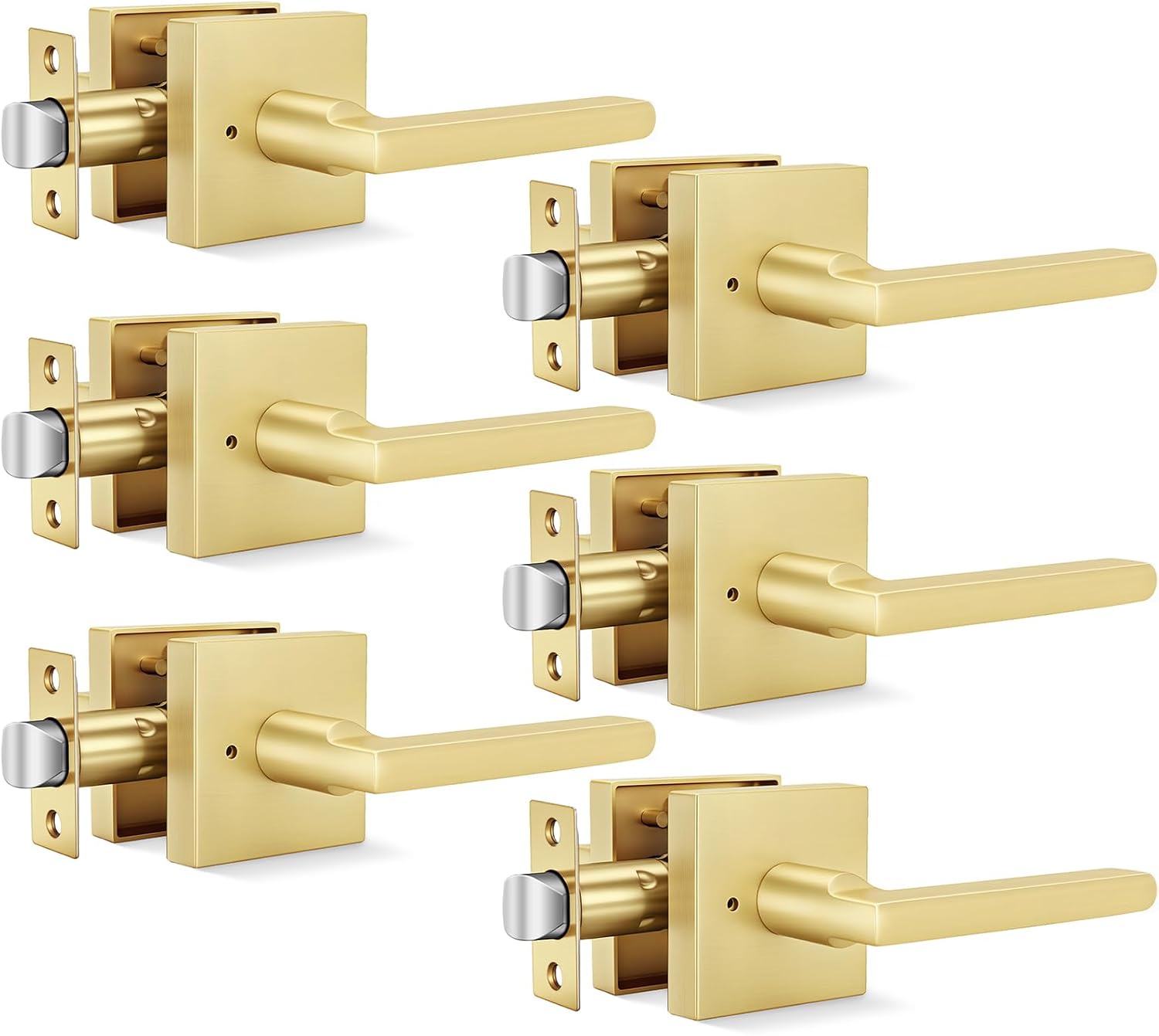 6-Pack Brushed Gold Square Privacy Door Levers for Interior Rooms