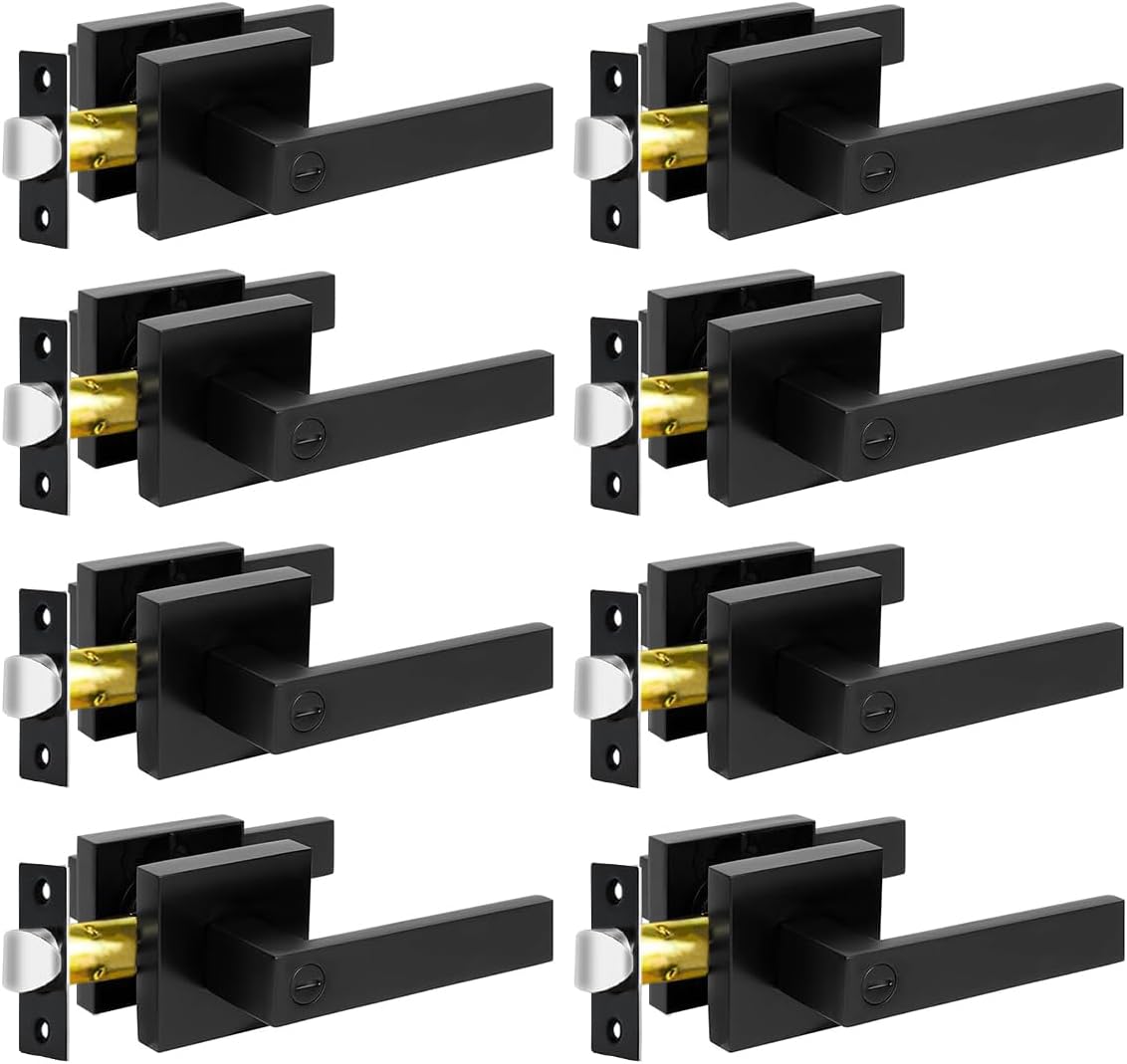 8-Pack Matte Black Square Privacy Door Levers for Interior Rooms