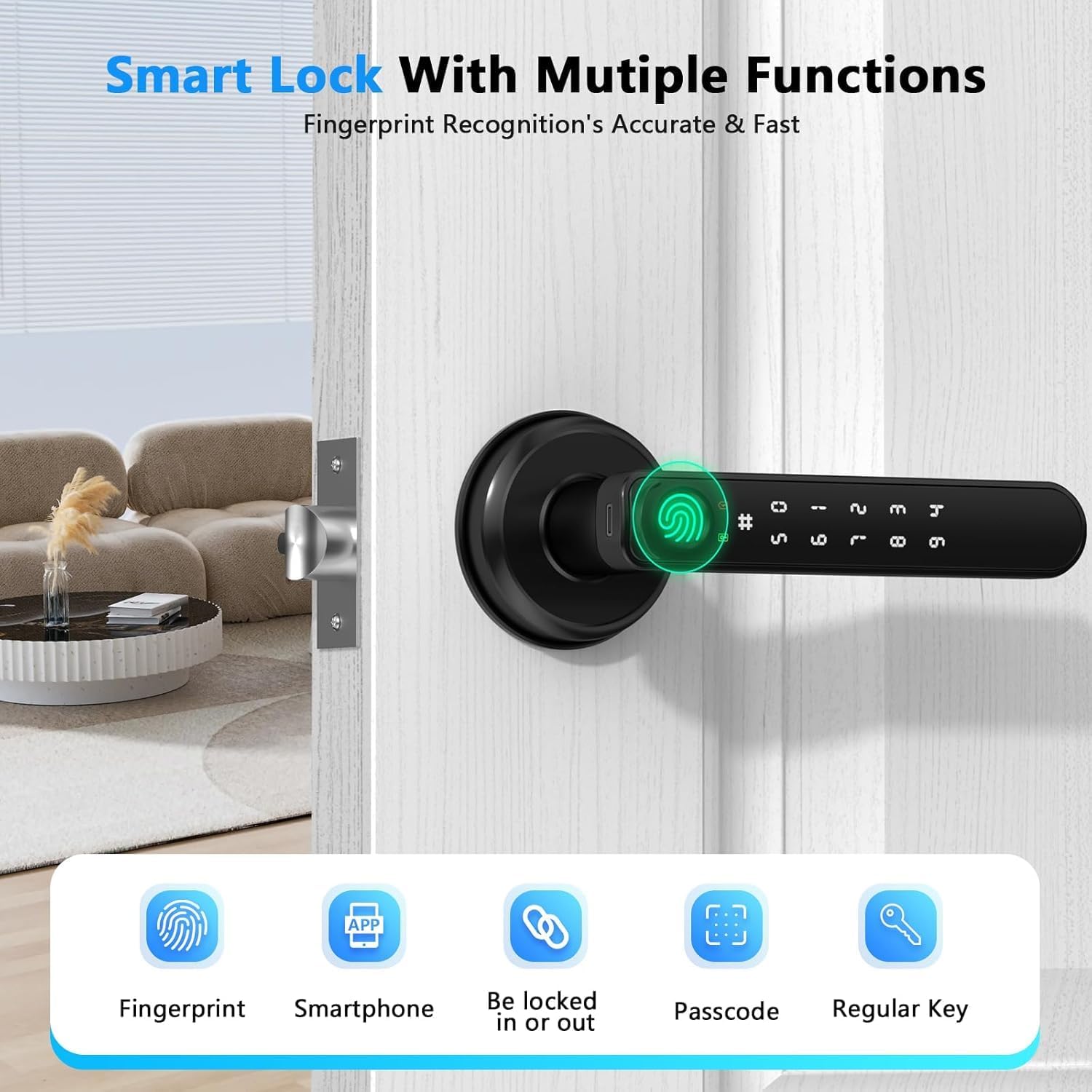 Black Fingerprint Door Lever, Keyless Entry with App Control — view 2