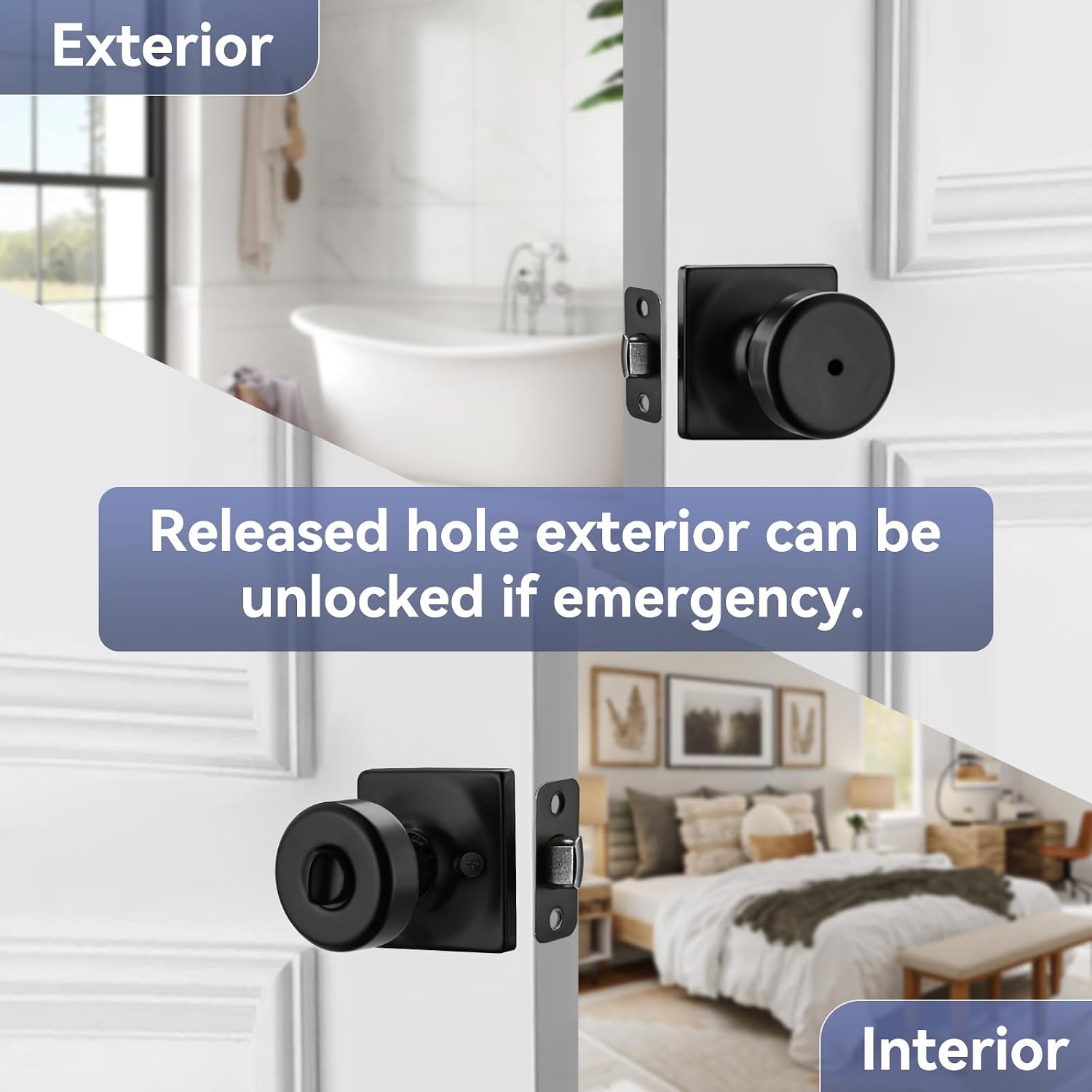 Black Privacy Door Knobs, Square Rosette, Stainless Steel, 6-Pack — view 2