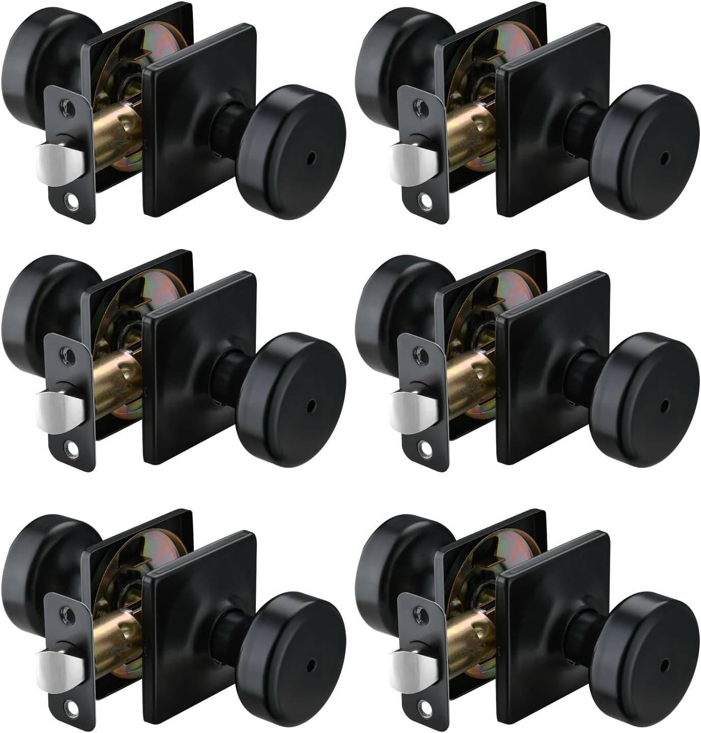 Black Privacy Door Knobs, Square Rosette, Stainless Steel, 6-Pack