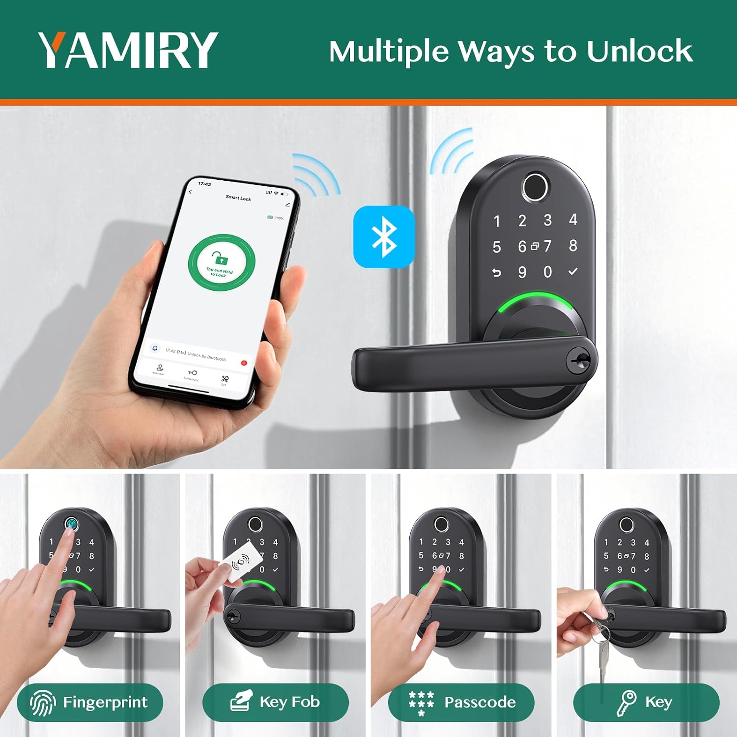 Black Smart Door Lever with Keypad, Fingerprint, and Cards — view 2