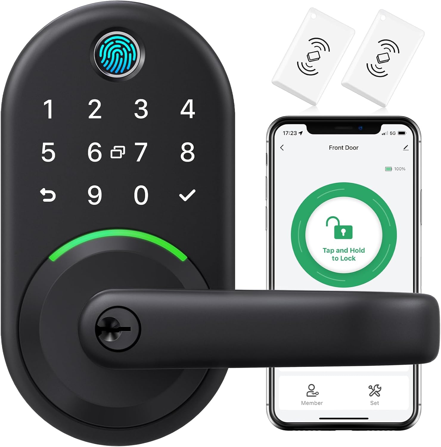 Black Smart Door Lever with Keypad, Fingerprint, and Cards