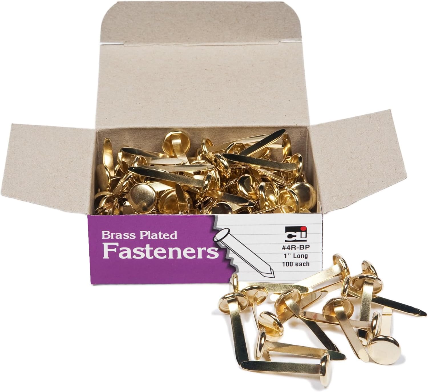 Brass Plated Paper Fasteners, 1 Inch Shank, Round Head, 100 Pieces