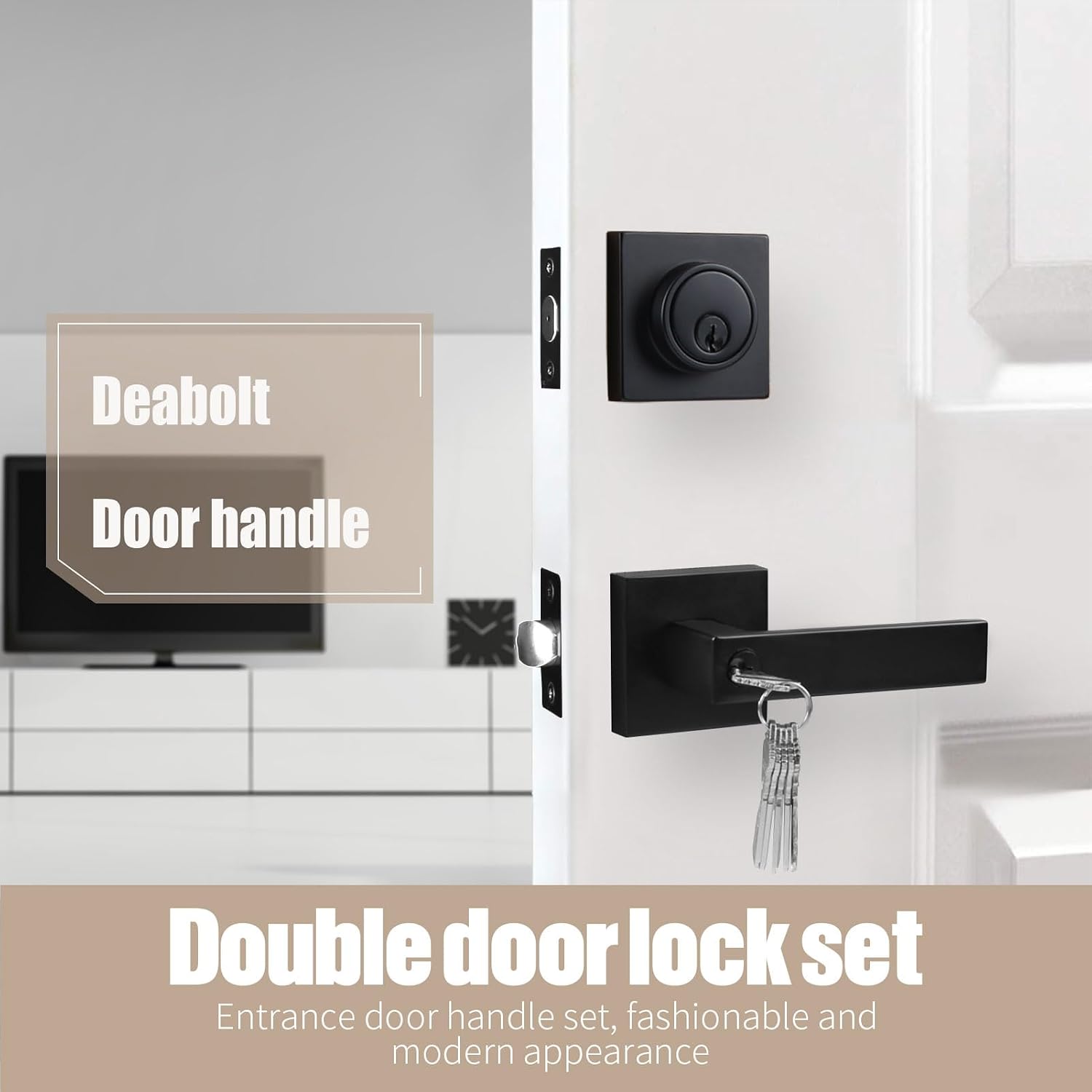 Front Door Lock Set, Matte Black, Keyed Lever and Deadbolt — view 2