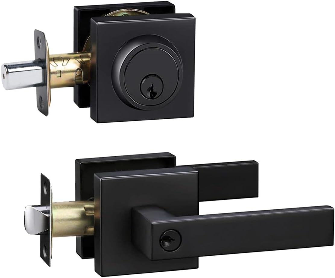 Front Door Lock Set, Matte Black, Keyed Lever and Deadbolt