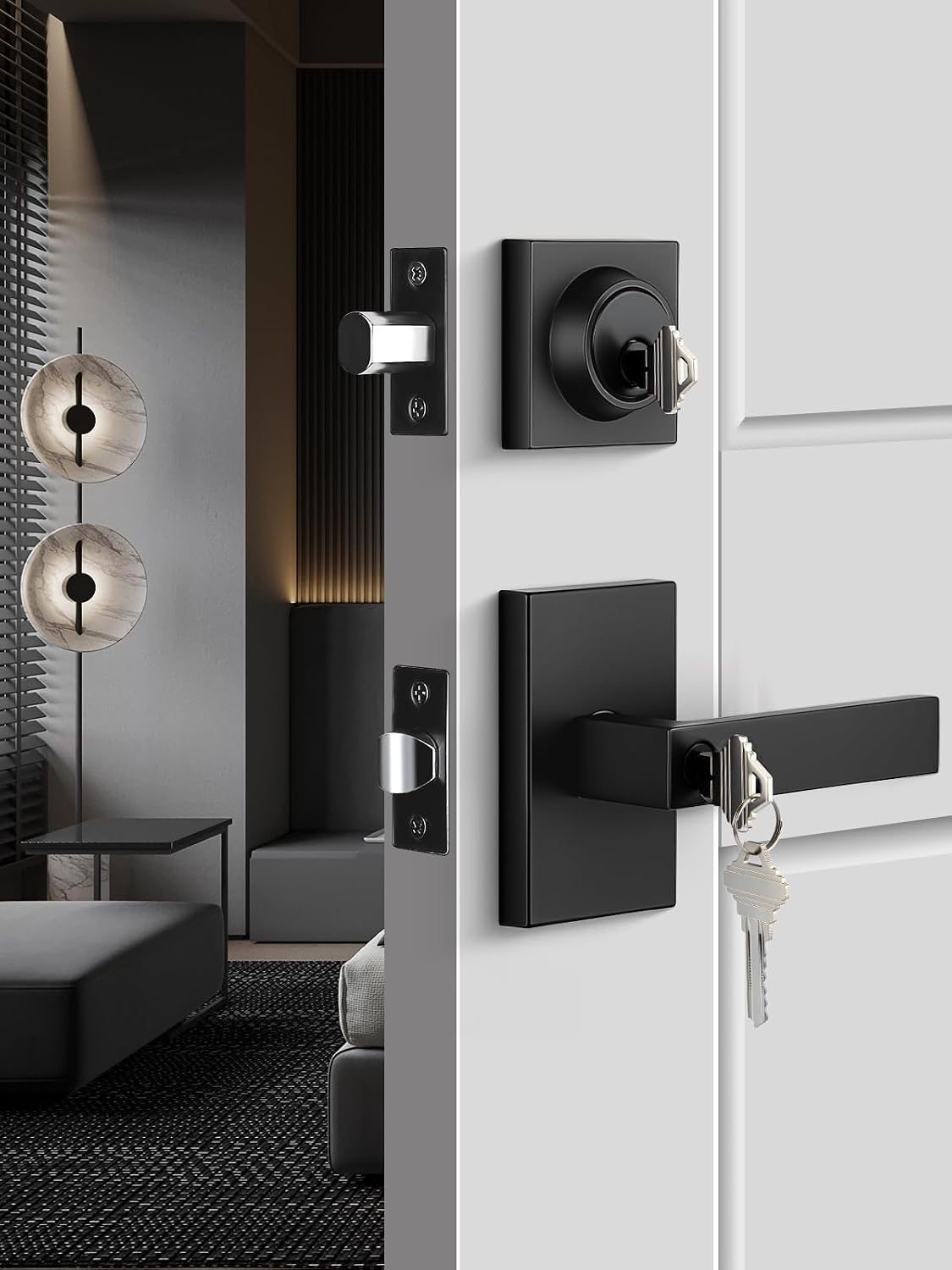 Matte Black Entry Door Lever and Deadbolt Set, Zinc Alloy