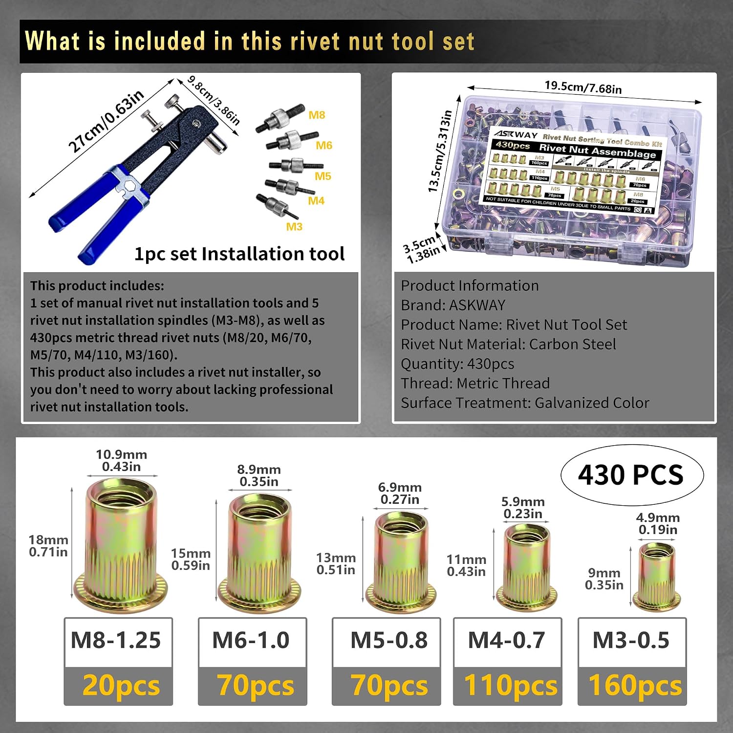 Rivet Nut Tool Kit with 430 Metric Threaded Inserts, M3 to M8 — view 2