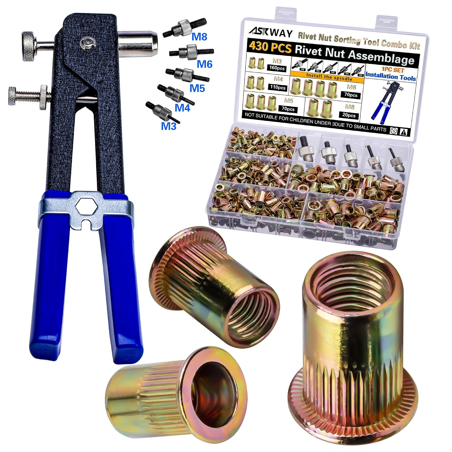 Rivet Nut Tool Kit with 430 Metric Threaded Inserts, M3 to M8